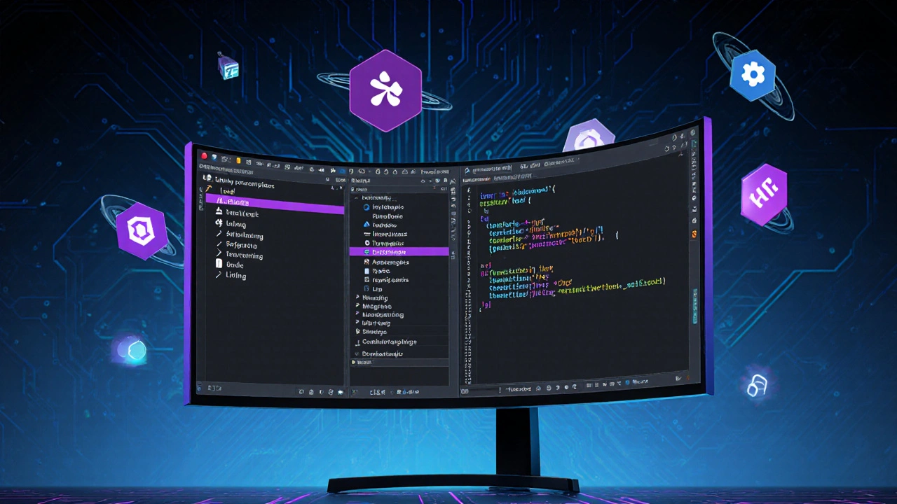 Estação de trabalho futurista com IDE, snippets e terminal integrados.