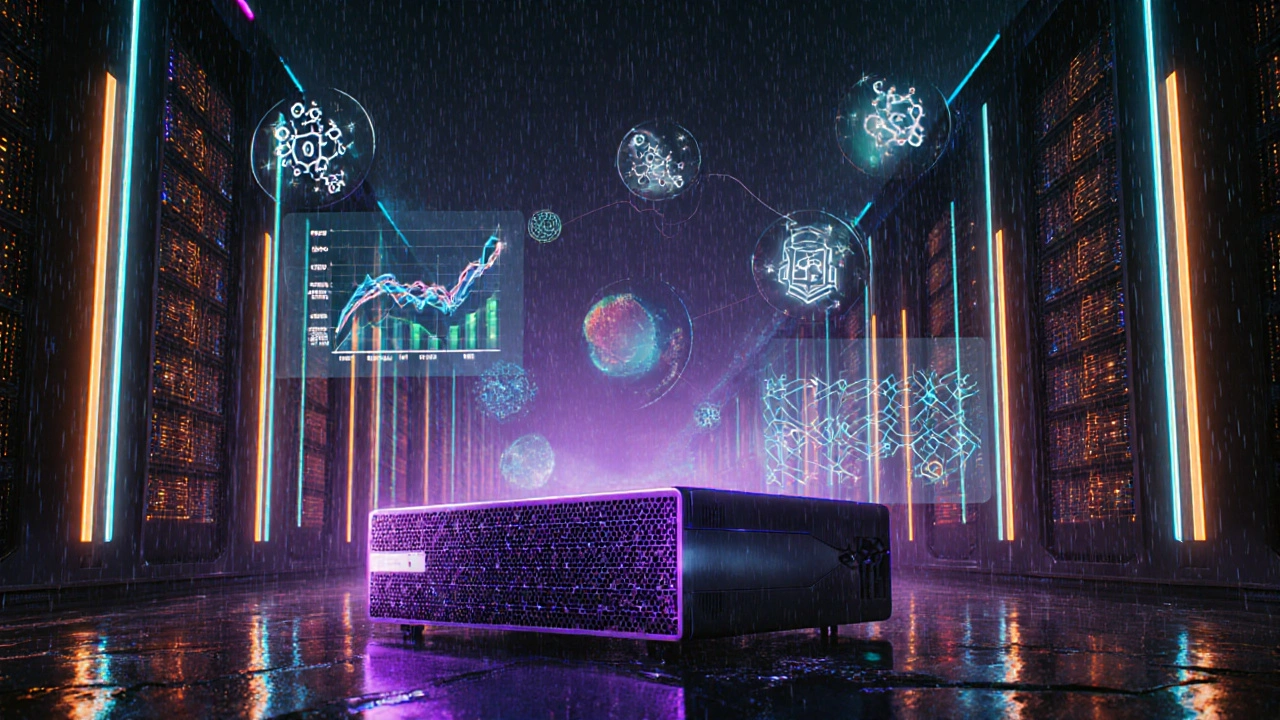 Grande data center com computador quântico e gráficos de exaflops ilustrando desafios da AGI.