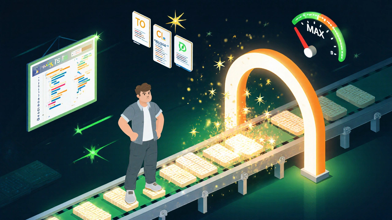 Linha de produção visualiza código, CI/CD e quadro Kanban acelerando.
