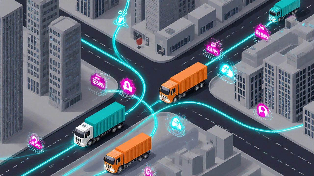 Mapa isométrico mostra rotas otimizadas por IA com caminhões e sensores GPS.