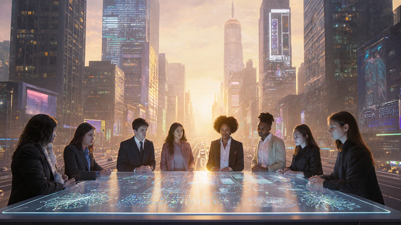 Pessoas estudando IA ao fundo de uma cidade futurista onde AGI auxilia em pesquisas e economia.
