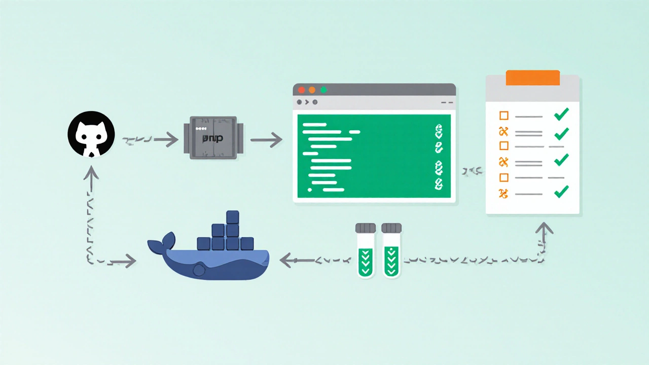 Representação visual de pipeline CI com GitHub, PHPUnit e testes automatizados.