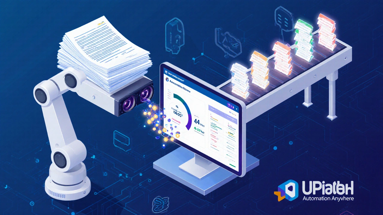Robô de IA analisa documentos de sinistro, mostrando dashboard de eficiência.