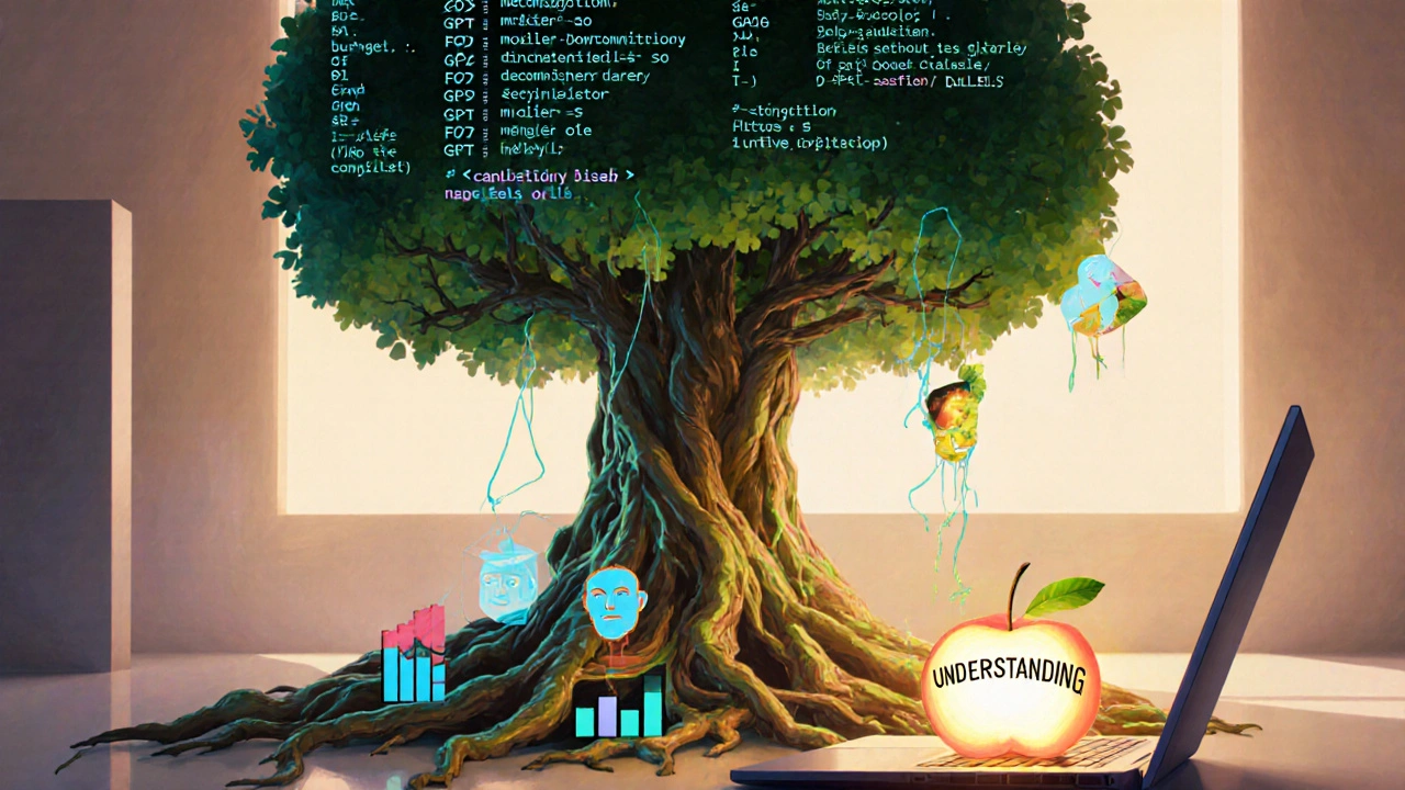 Árvore de código Python com modelos de IA nos galhos e dados viesados nas raízes.