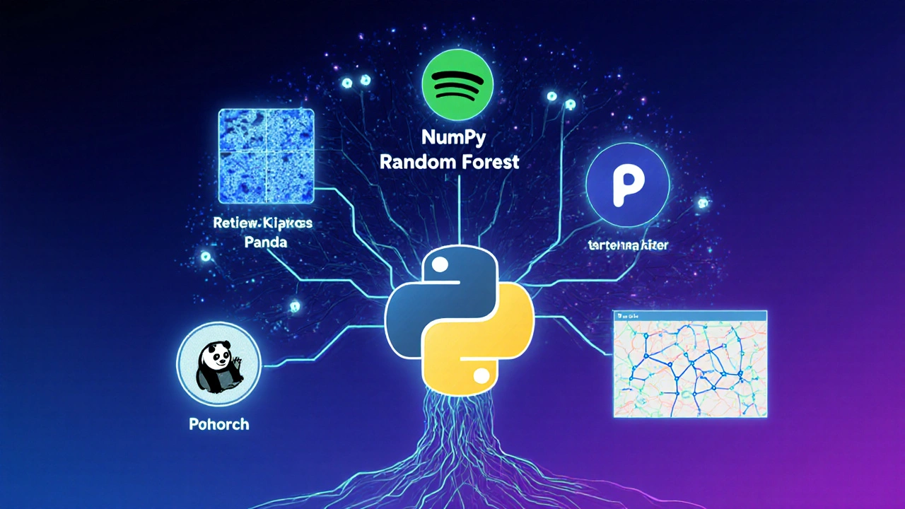 Árvore tecnológica com raízes em NumPy e Pandas, ramificando em TensorFlow, PyTorch e aplicações reais de IA.