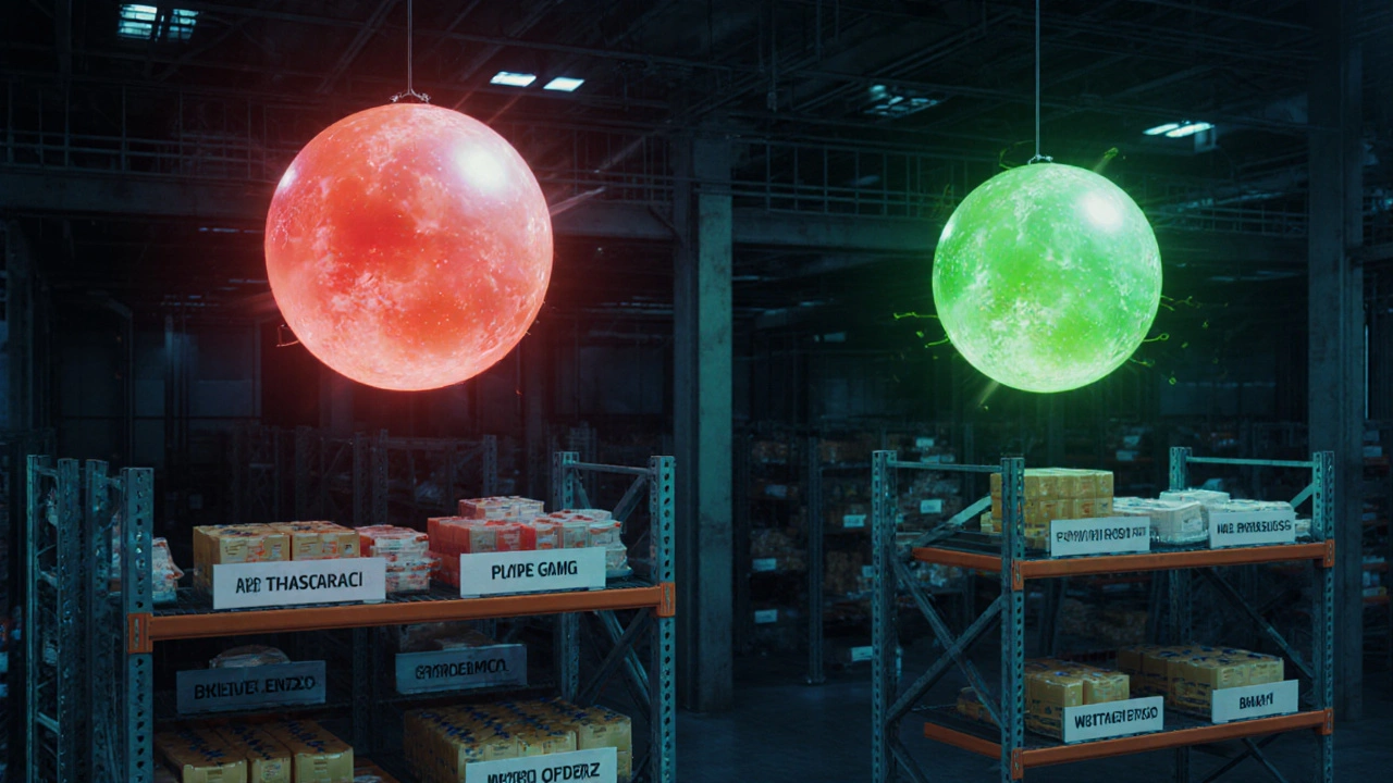 Bolas de IA flutuam sobre estoque de fábrica, alertando sobre previsões de estoque baseadas em clima e demanda.