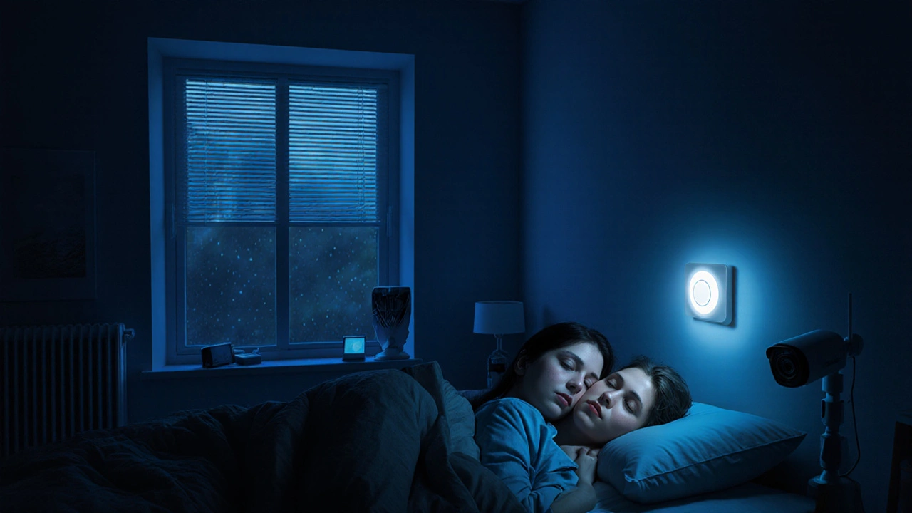 Casa à noite com sistema inteligente ativo, janela fechando por causa da chuva e botão de privacidade.