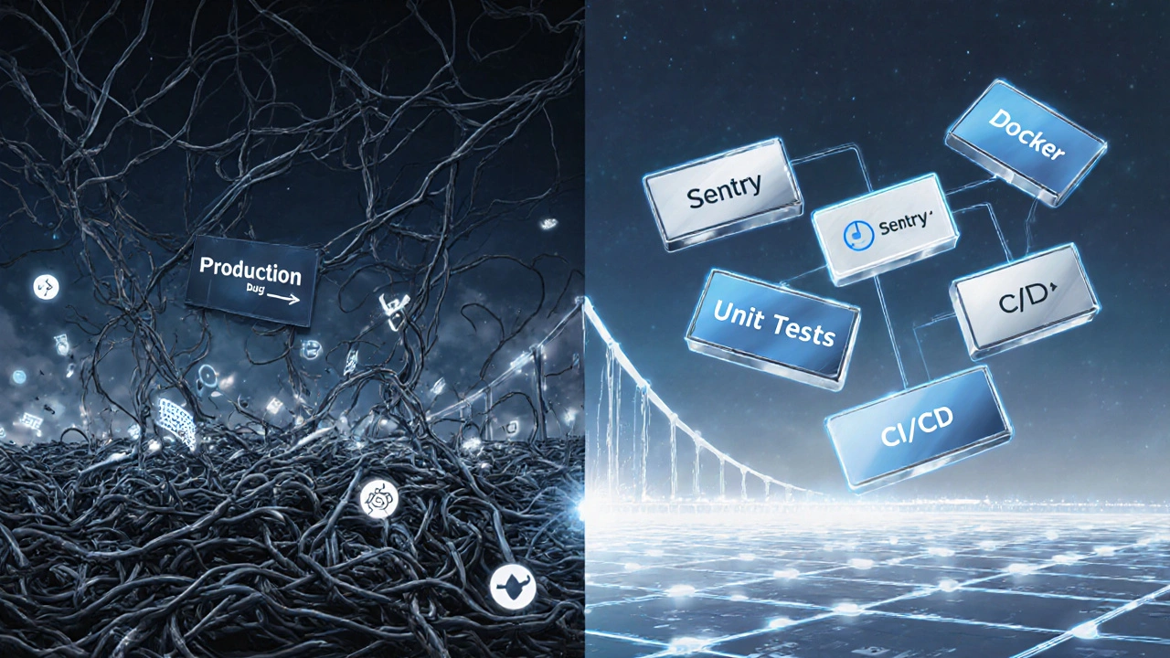 Cena conceitual: lado caótico de um bug em produção conectado por uma ponte luminosa a práticas de prevenção organizadas.