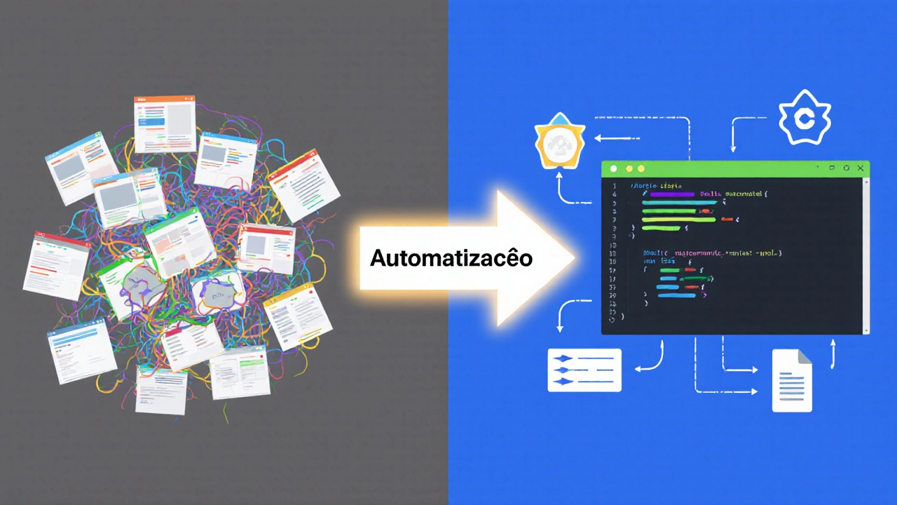 Comparação entre fluxo de trabalho caótico e otimizado, com seta destacando automação e redução de distrações.