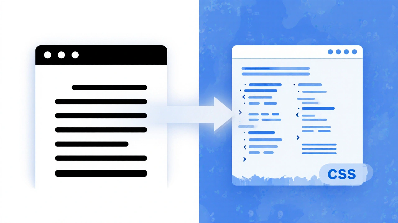 Comparação visual entre uma página web sem estilo e a mesma página com design moderno aplicado por CSS.
