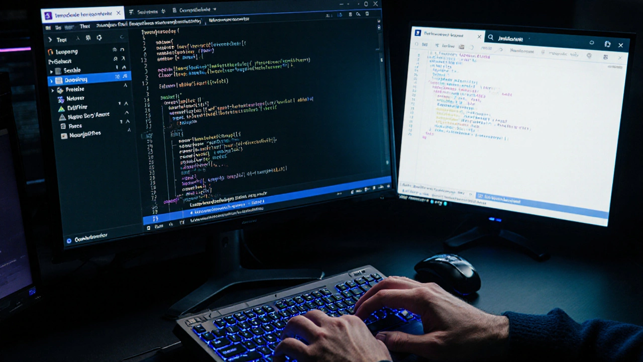 Desenvolvedor usando snippets e terminal para acelerar programação.