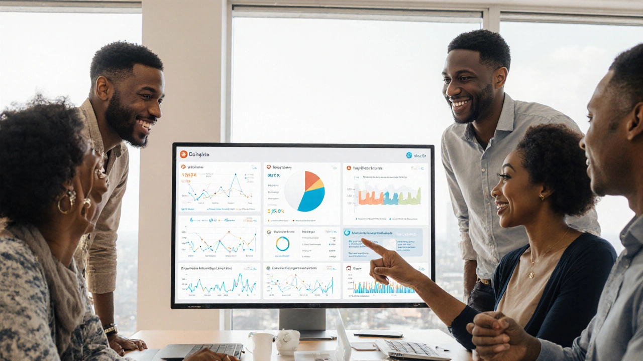 Equipe observa painel digital em tempo real com métricas de operações, sem texto legível nas telas.