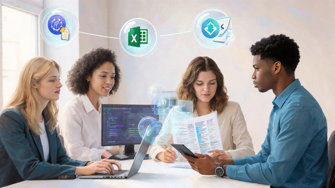 Equipe portuguesa usando ferramentas de IA sem programação em ambiente de trabalho moderno.