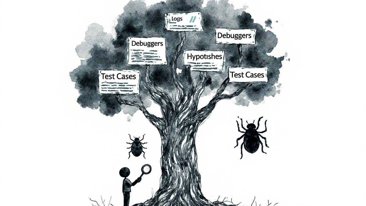 Ilustração artística de um programador subindo uma árvore de técnicas de depuração, examinando um bug como um pixel falho.