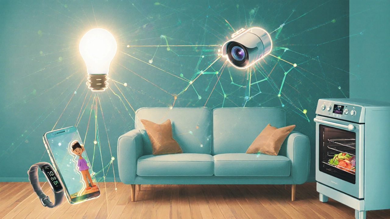 Ilustração de rede neural integrada a dispositivos inteligentes da casa, sem rostos visíveis.