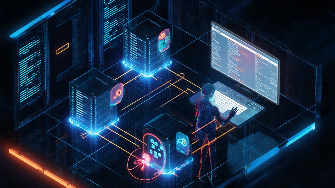 Interface moderna de depuração com IA mostrando fluxos de dados e alertas em tempo real.