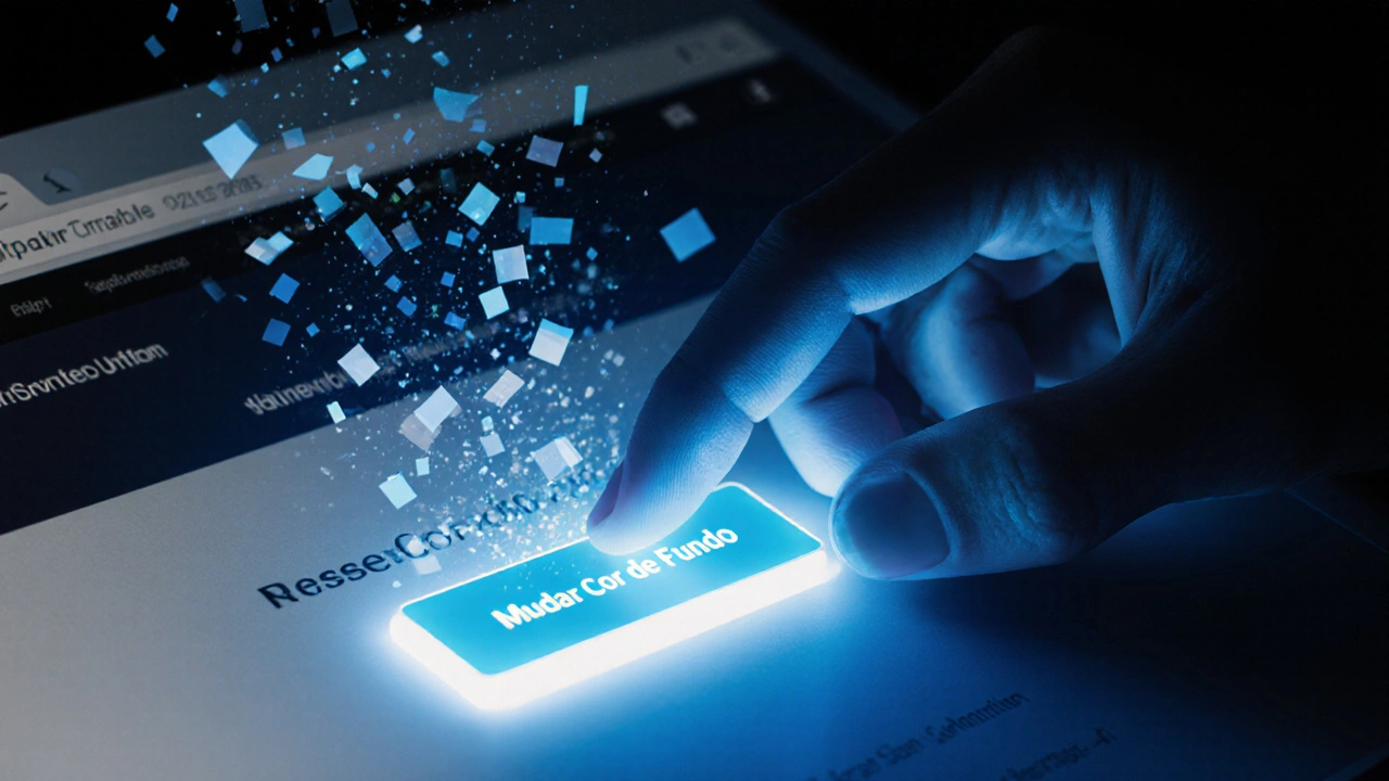 Mão clicando em botão que muda a cor de fundo de um site, com códigos de programação flutuando ao redor.