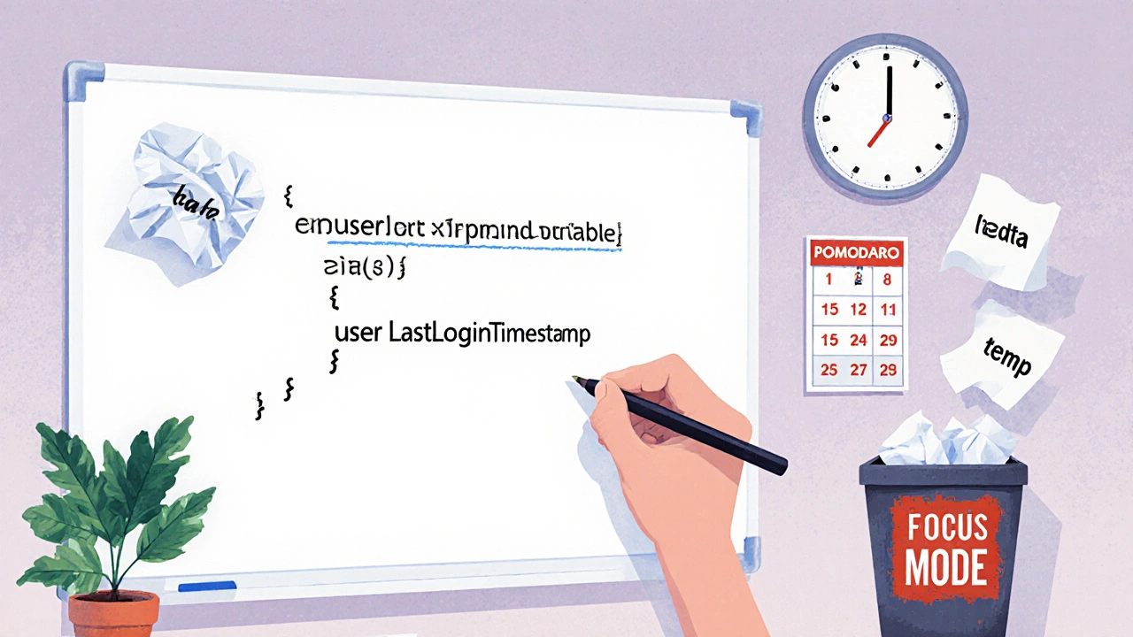 Mão escrevendo nome de variável claro em quadro branco, enquanto rascunhos confusos são descartados.