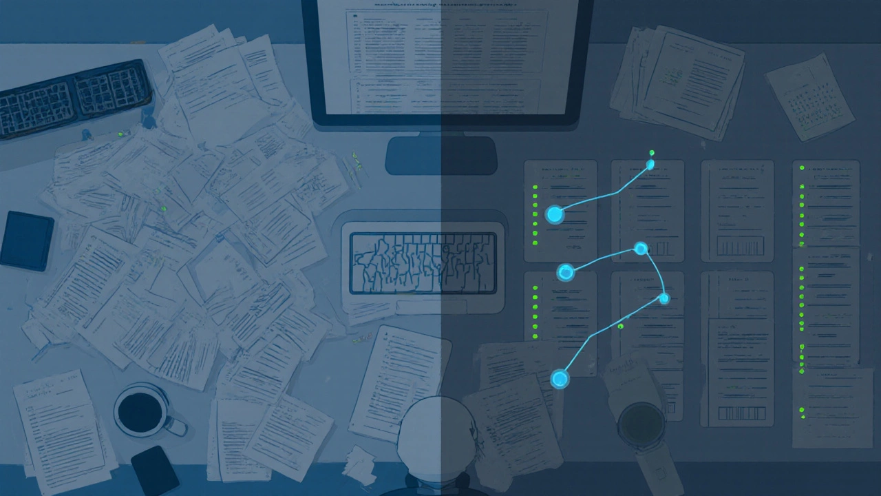 Mesa de escritório transformando dados desorganizados em informações corrigidas por IA.