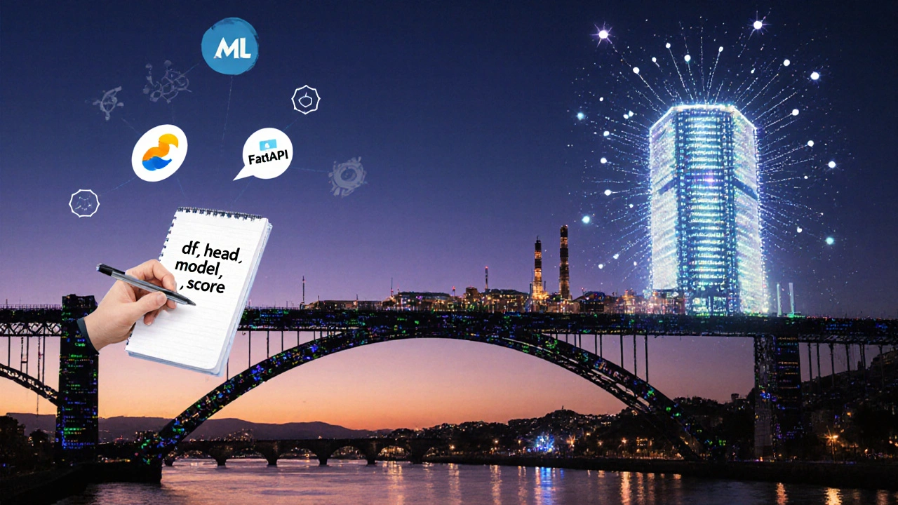 Ponte de código conectando um laptop simples a um servidor de IA, com símbolos de MLflow e FastAPI flutuando acima.