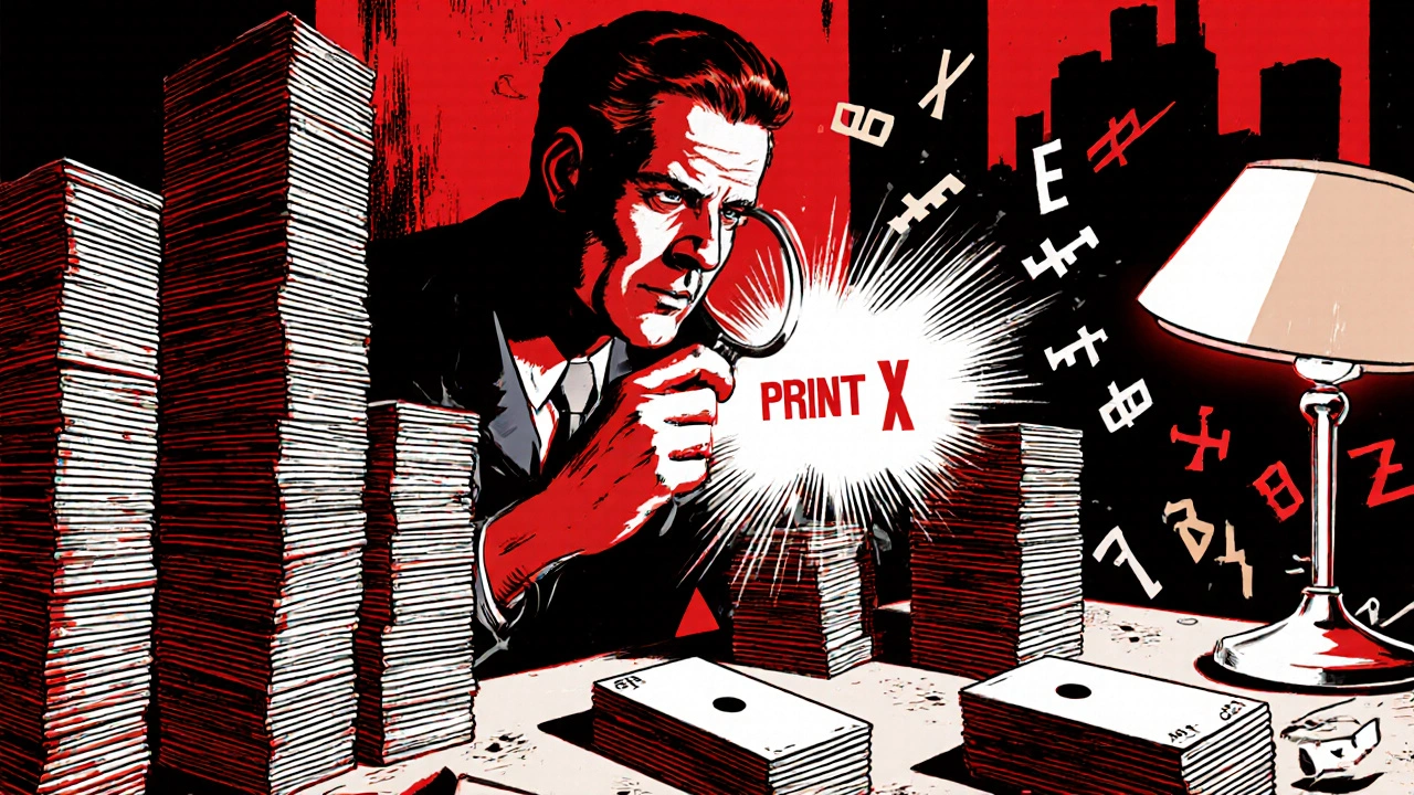 Programador dos anos 1950 analisando cartões perfurados com lupa.