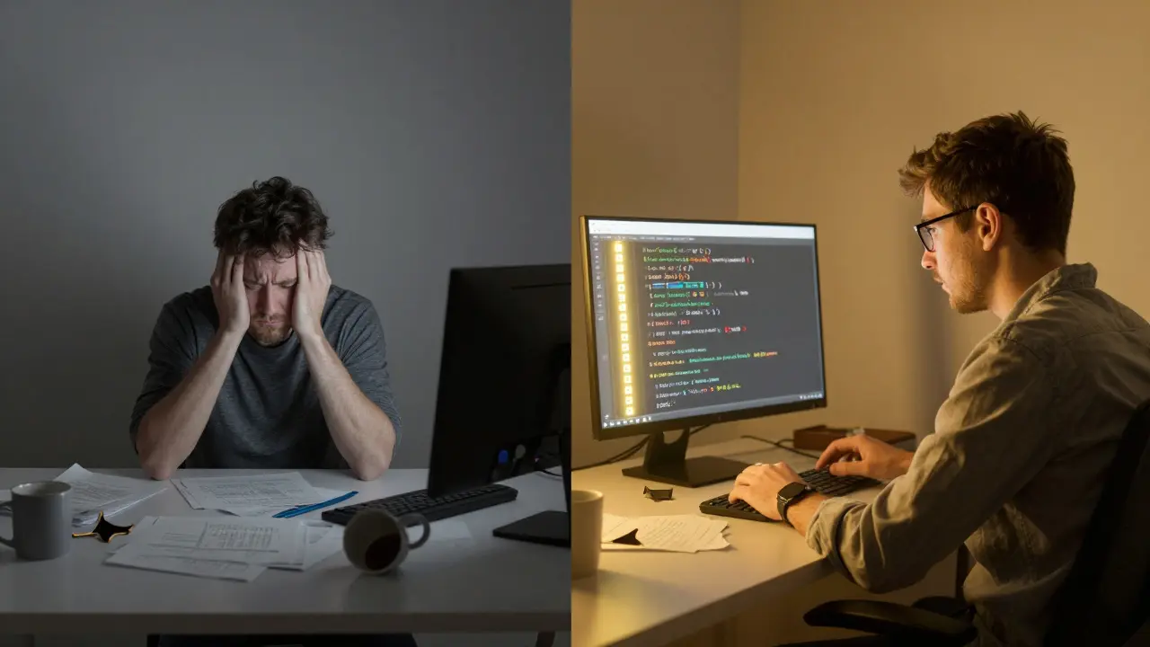 Cena dividida: caos à esquerda, calma e correção à direita, mostrando processo de debugging.