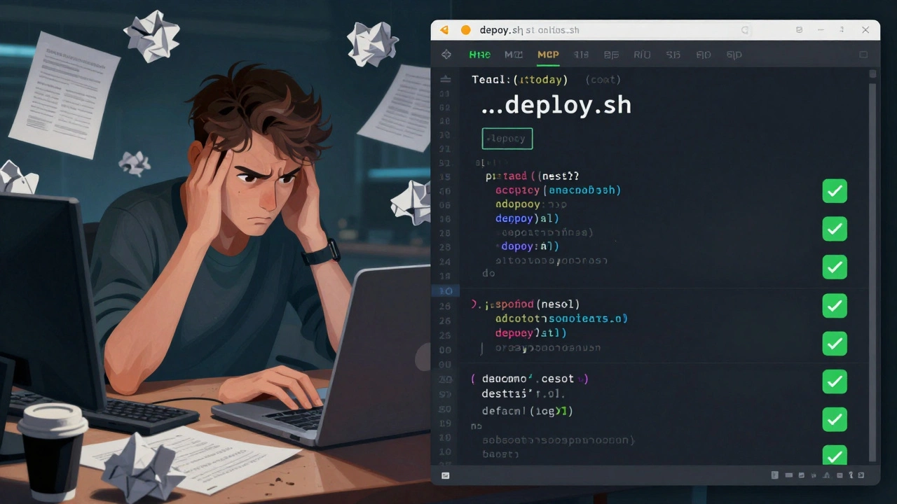 Cena dividida: desenvolvedor cansado escrevendo código manualmente vs. mesmo desenvolvedor executando um comando automatizado.