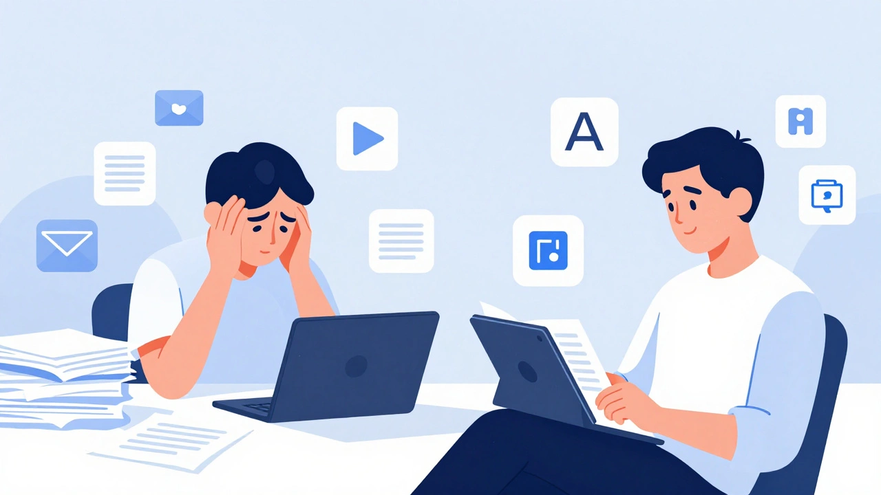 Comparação entre estresse com tarefas manuais e tranquilidade ao usar ferramentas de IA como Claude e Gemini.