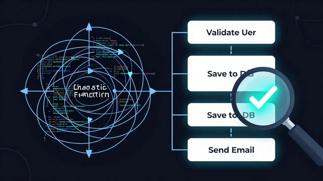 Comparação visual entre código caótico e funções modularizadas e organizadas.