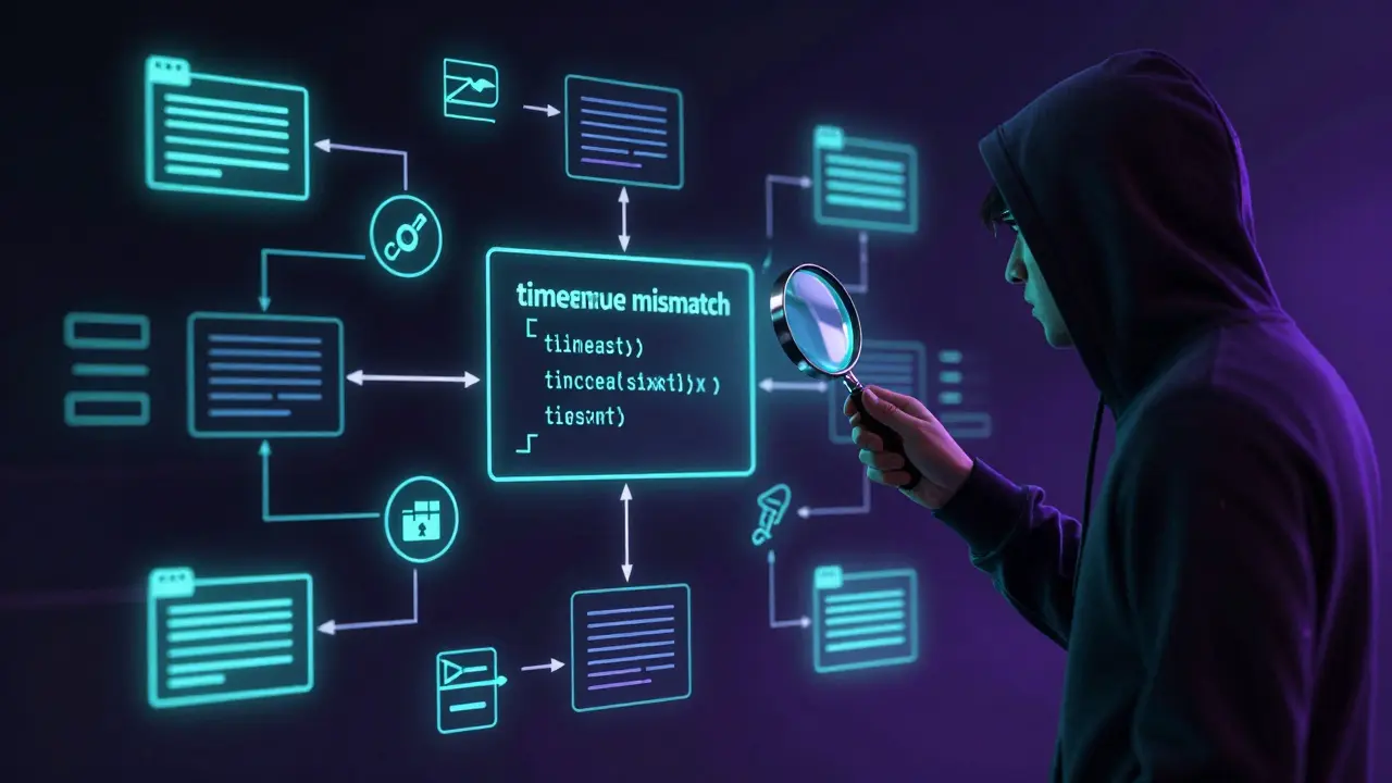 Detetive digital examina erro de fuso horário em fluxo de aplicação com símbolos de log e erro.