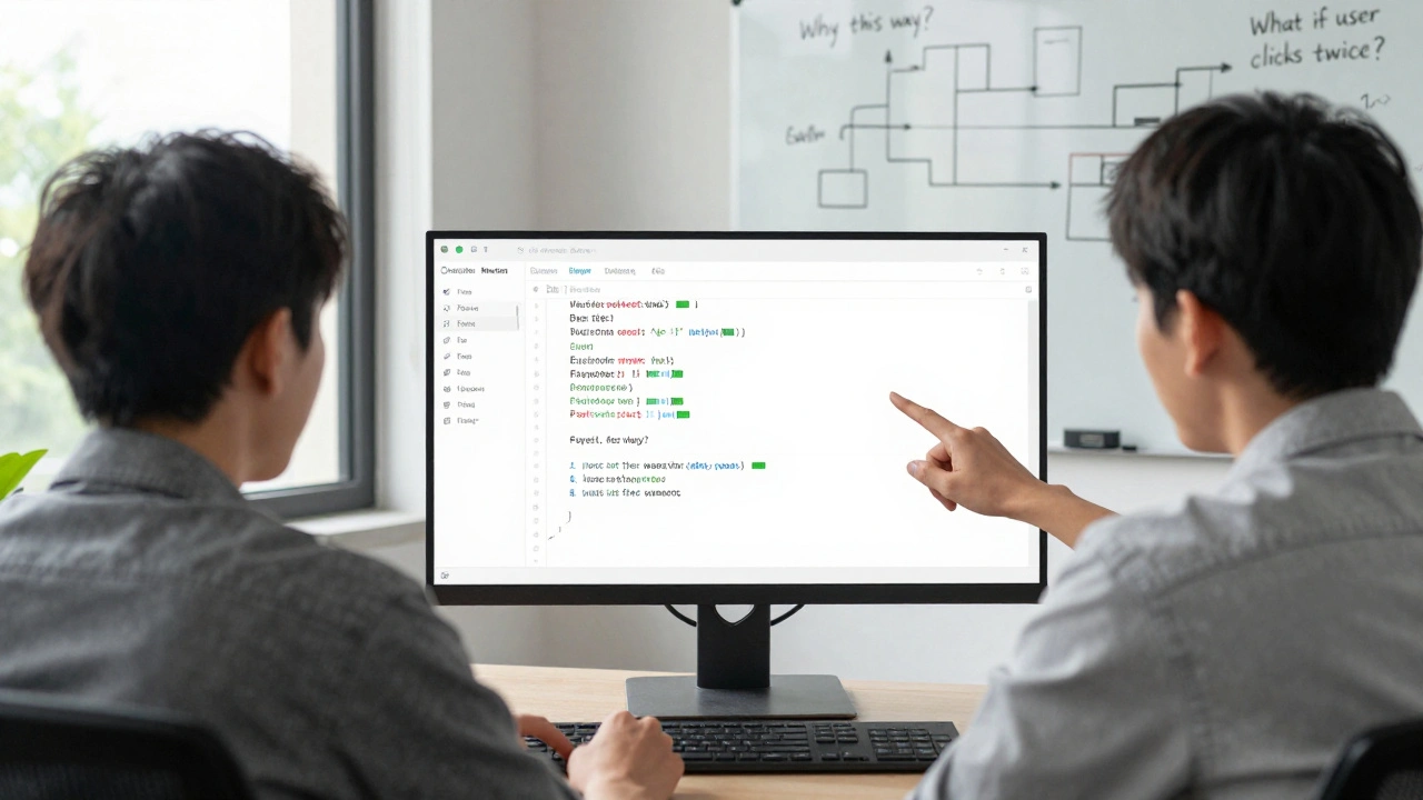 Dois desenvolvedores revisando código juntos, com testes verdes e perguntas escritas em um quadro branco.