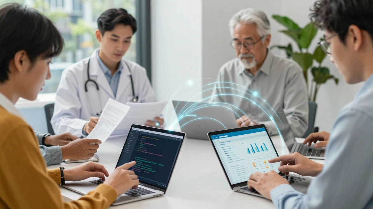 Grupo diverso usando IA no cotidiano: resumindo textos, gerando código e analisando dados.