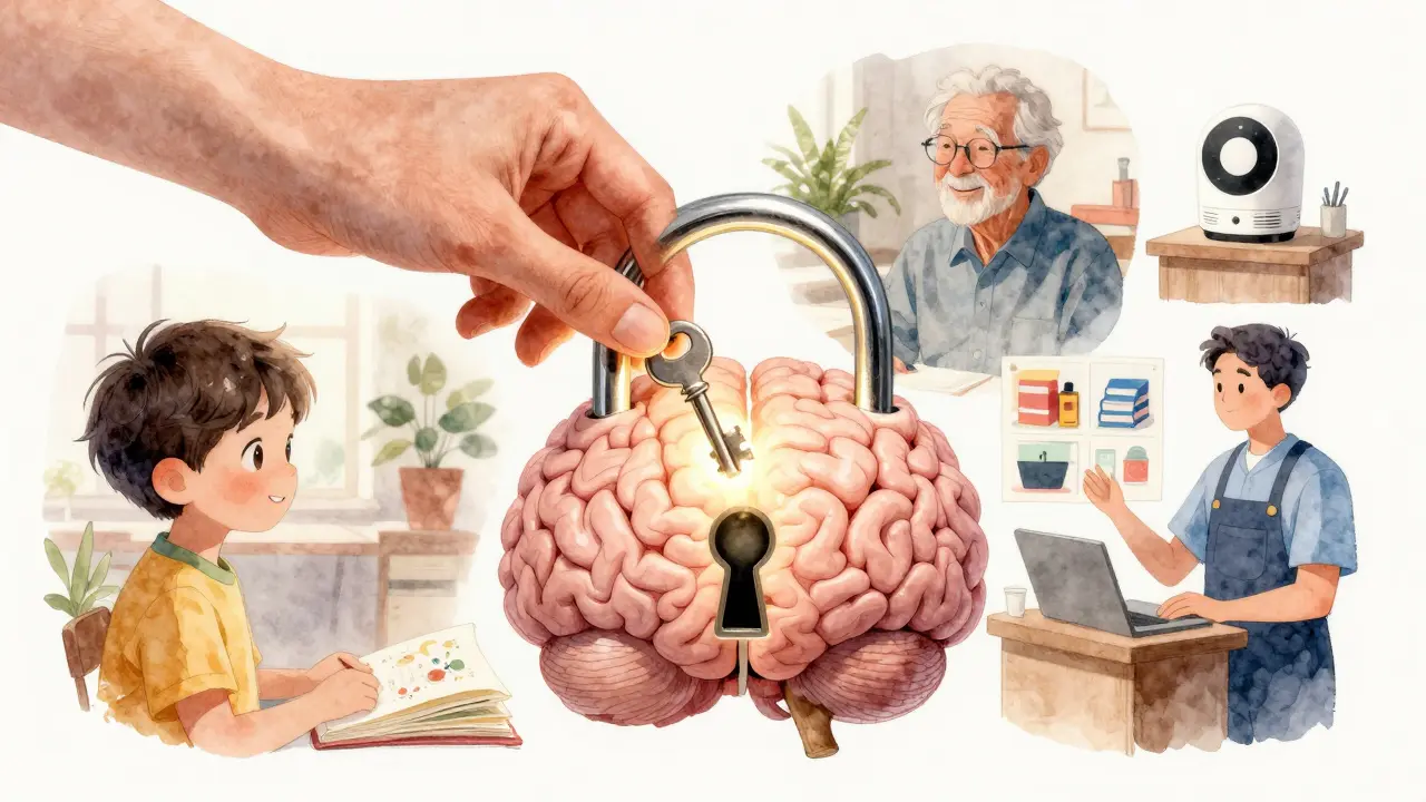 Mão colocando uma chave na forma de um cérebro, revelando cenas de IA ajudando pessoas comuns.