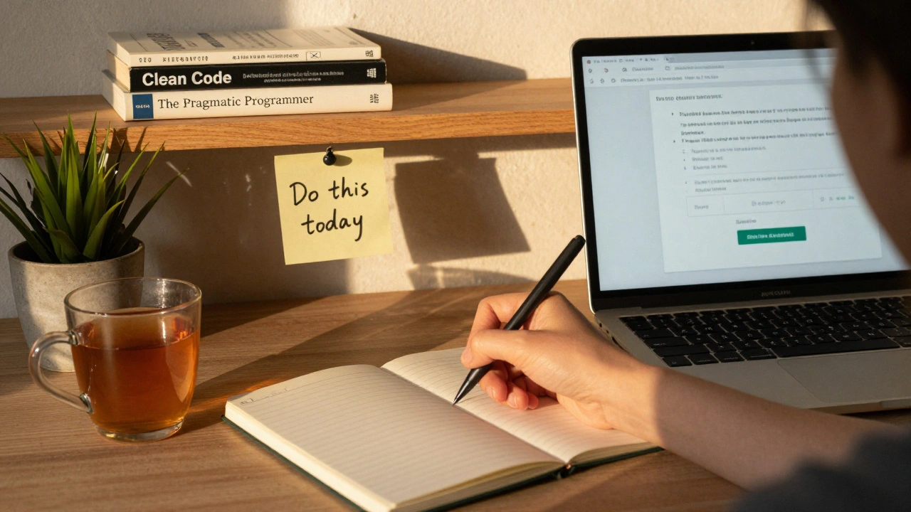 Mão escrevendo um teste simples ao lado de um laptop com resultado positivo, em ambiente calmo e organizado.