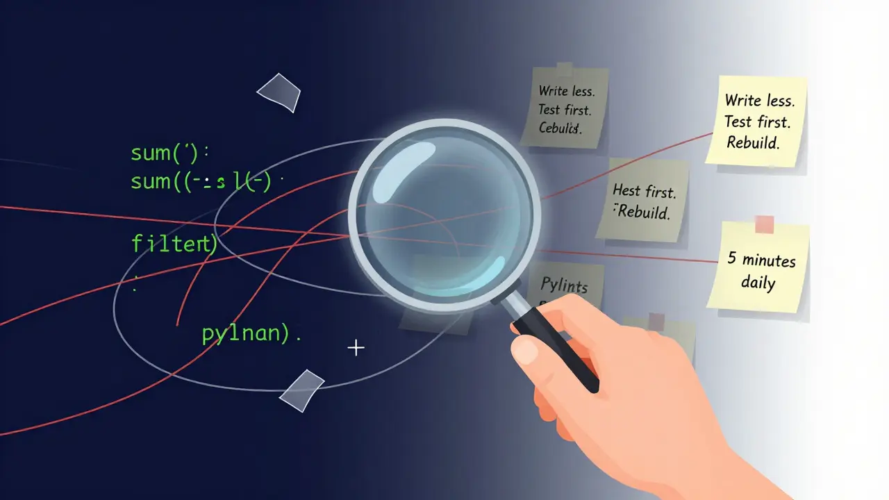 Mão segurando lupa sobre código caótico, enquanto trechos limpos e dicas flutuam ao redor em estilo digital minimalista.