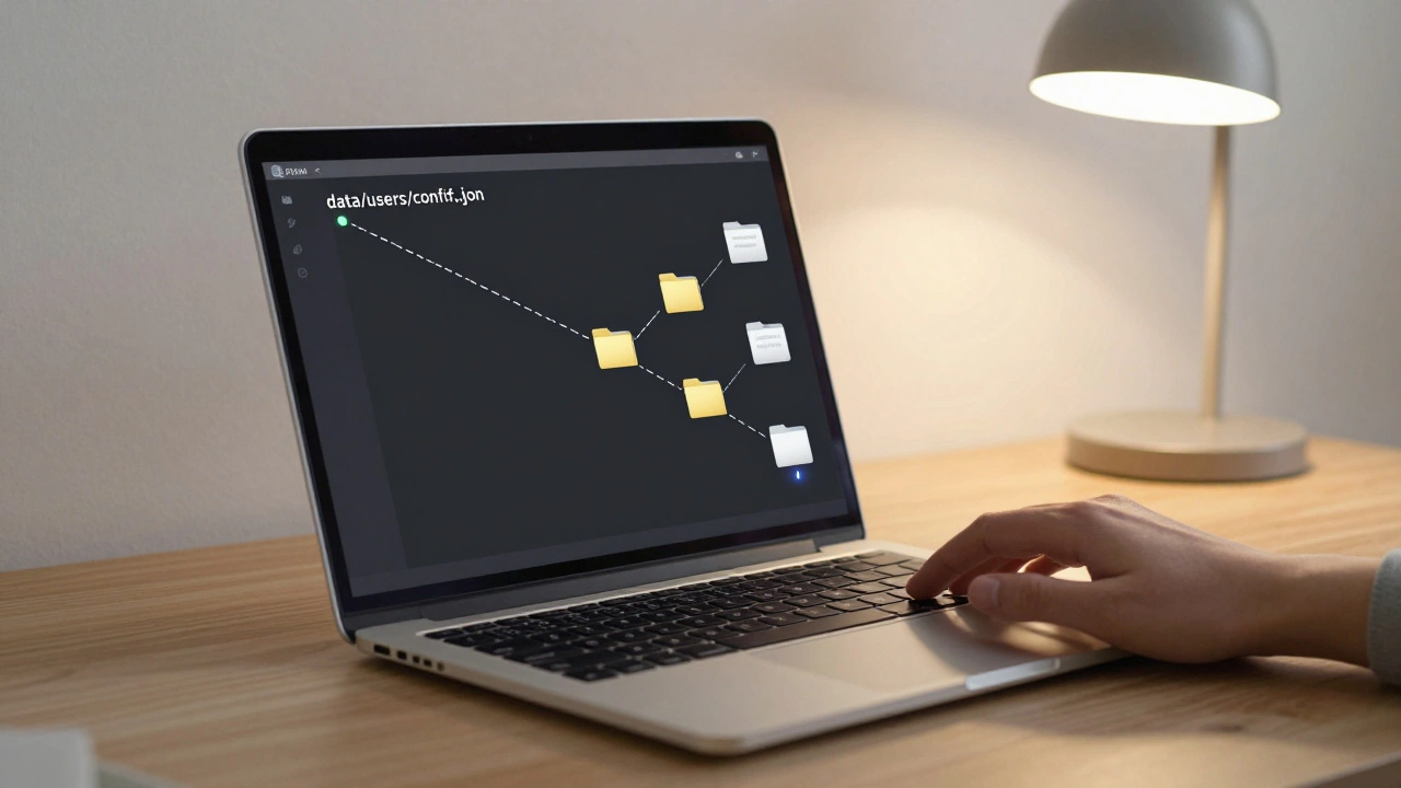 Mão sobre teclado com caminho de arquivo pathlib visualizado como camada de pastas flutuantes.
