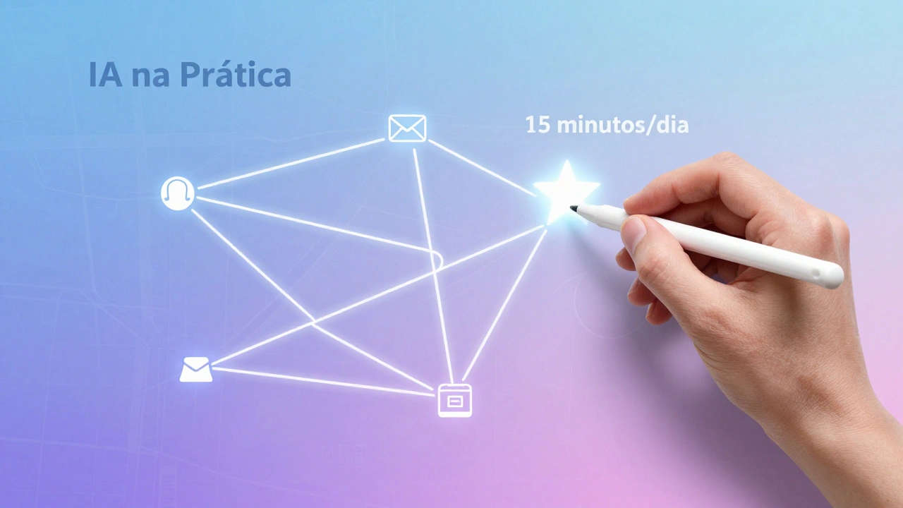 Mapa conceptual mostrando tarefas diárias conectadas por um caminho de uso diário de IA por 15 minutos.