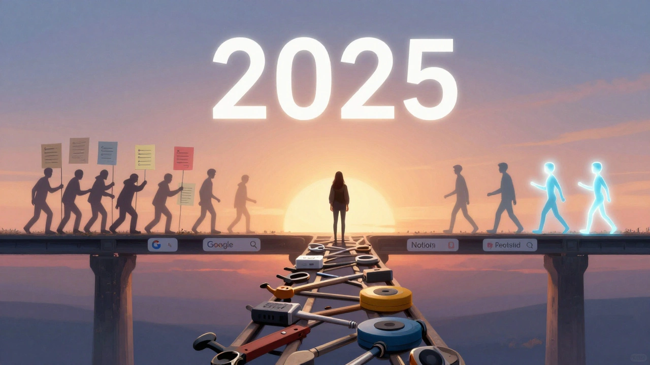 Pessoa caminhando sobre uma ponte de ferramentas de IA rumo a um horizonte luminoso, símbolo de transformação profissional.