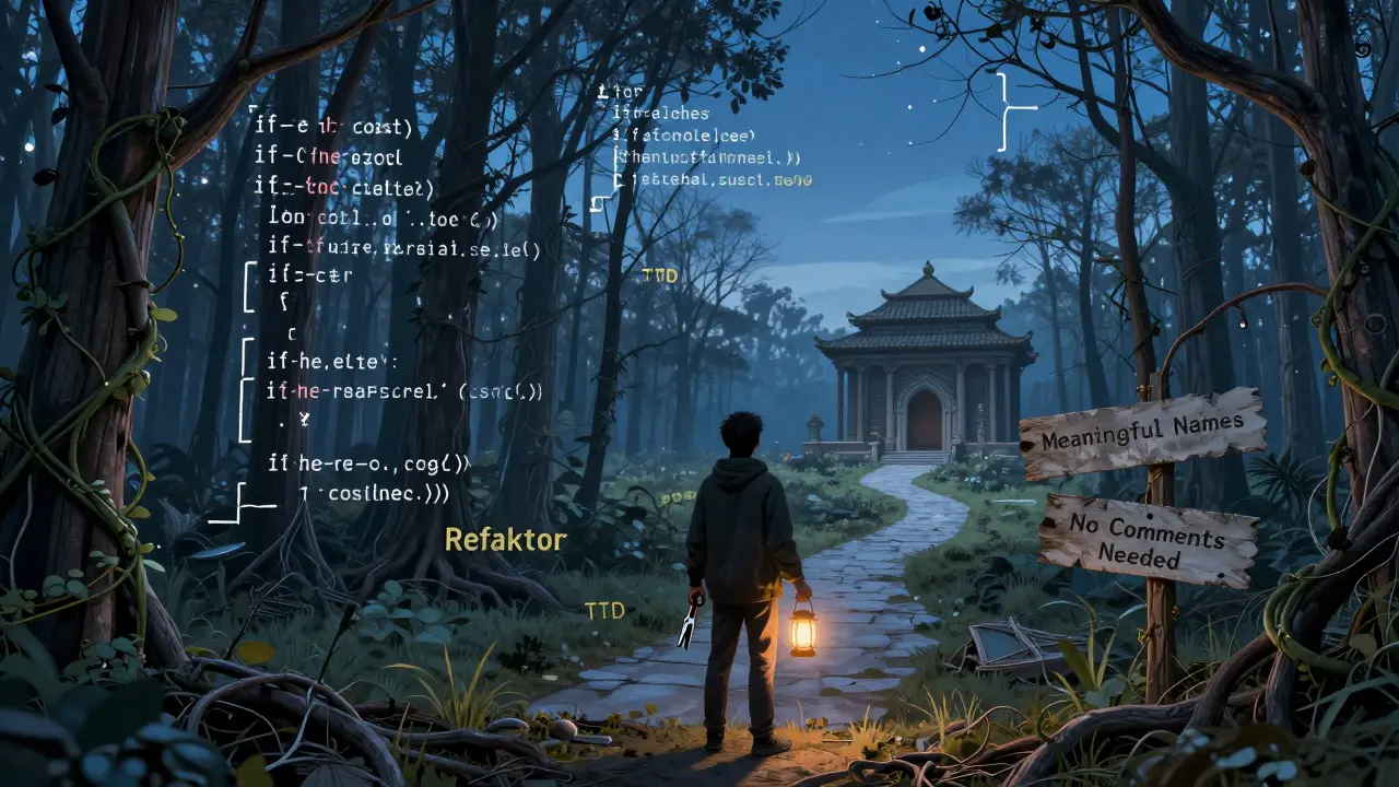 Pessoa na borda de uma floresta de código bagunçado, segurando tesoura e lanterna, caminho claro leva a um templo de código limpo.