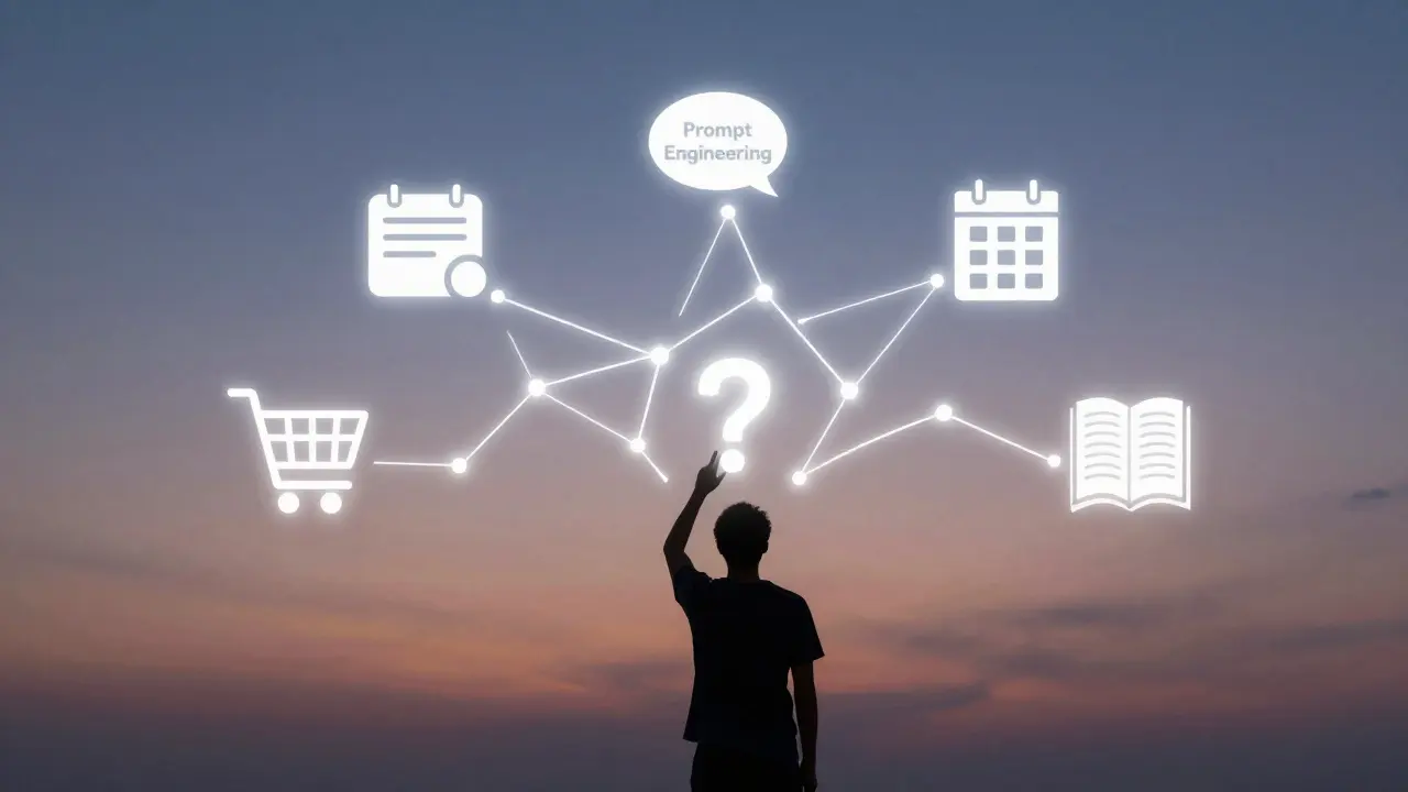 Pessoa no centro de uma rede neural com ferramentas de IA surgindo de uma pergunta simples.