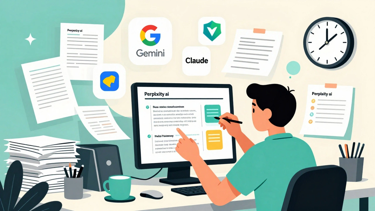 Pessoa organizando seu espaço de trabalho com ajuda de ícones flutuantes de ferramentas de IA, transformando papéis em resumos.