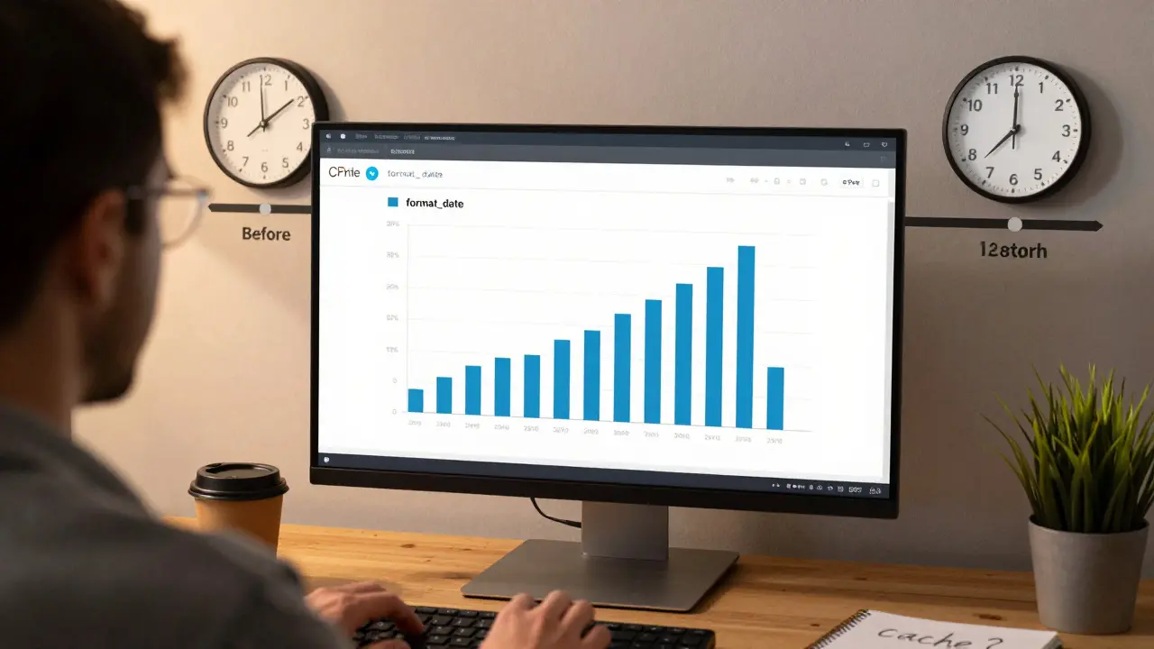 Programador analisando perfil de desempenho com gráfico de tempo de execução.