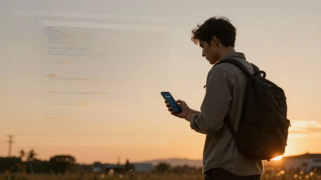 Programador caminhando ao pôr do sol, observando uma mensagem de erro clara.
