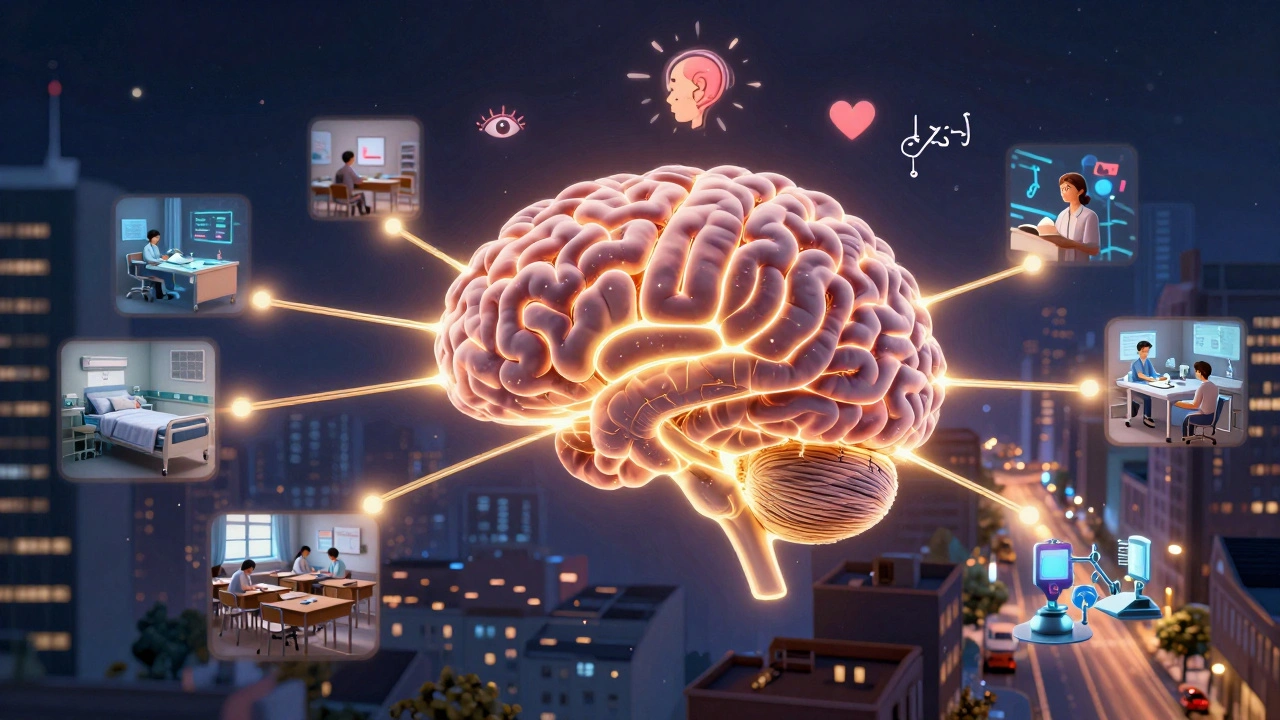 Rede neural luminosa conectando cenas do mundo real, simbolizando transferência de conhecimento.