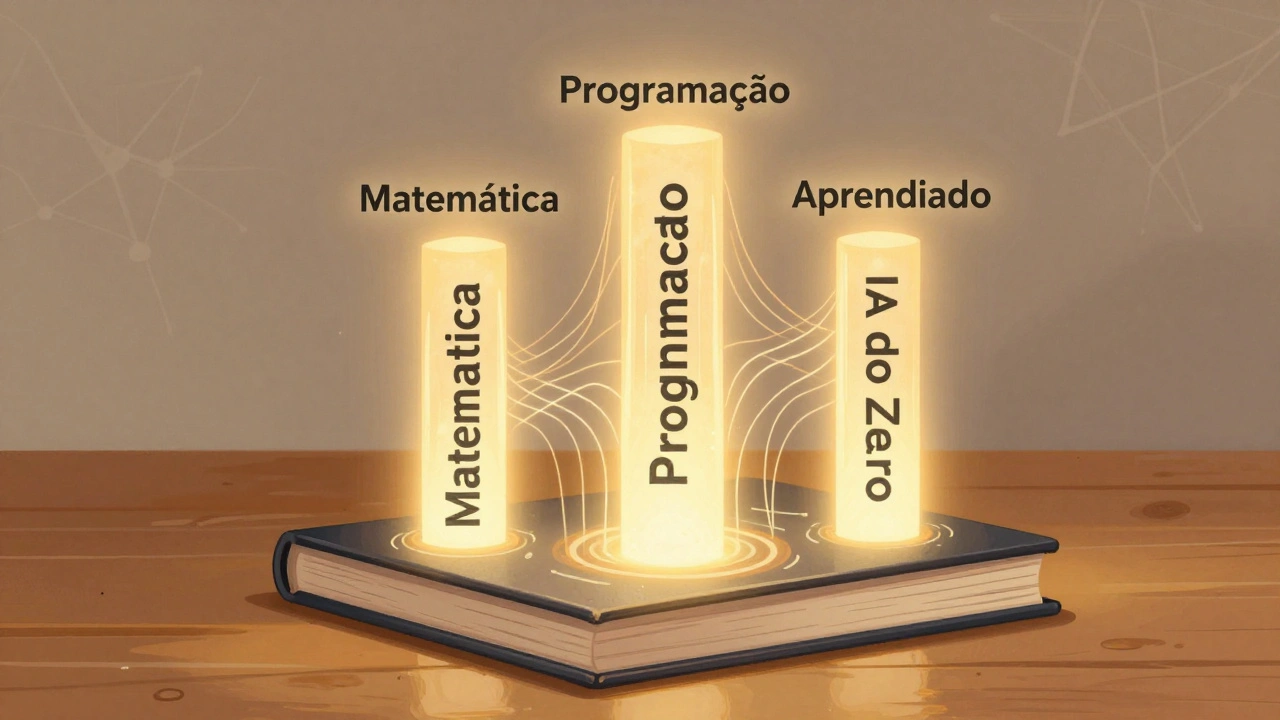 Três pilares luminosos representando matemática, programação e aprendizado, surgindo de um livro sobre IA.