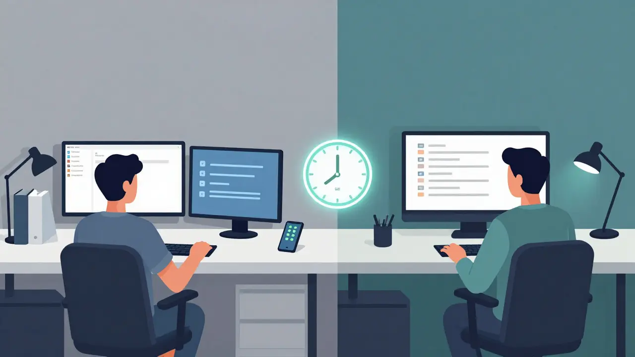 Cena dividida: esquerda caótica com notificações; direita calma com foco profundo e lista de tarefas.