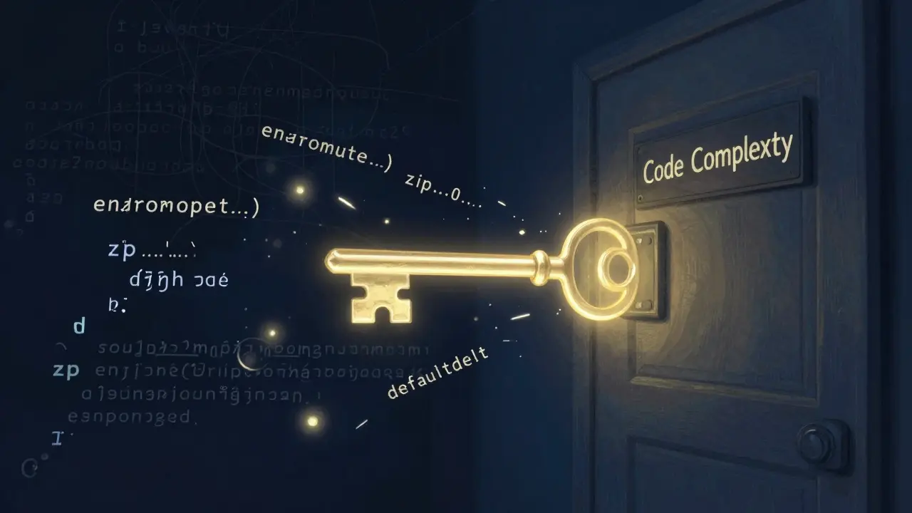 Chave mágica abrindo porta de código complexo, com símbolos de sintaxe Python flutuando ao redor.