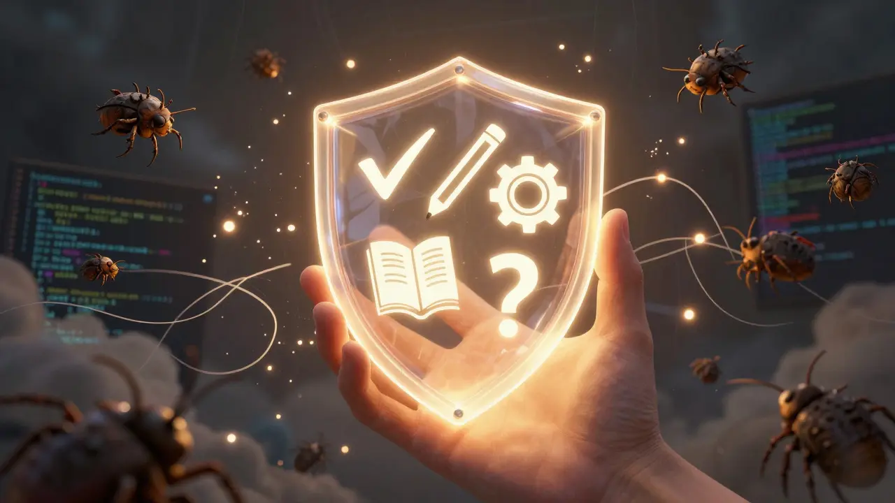 Escudo com símbolos de boas práticas de programação protegendo código de erros e bugs.