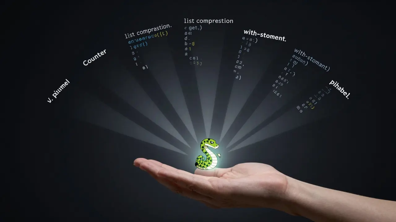 Logotipo Python emitindo raios que se transformam em snippets de código limpo e eficiente.