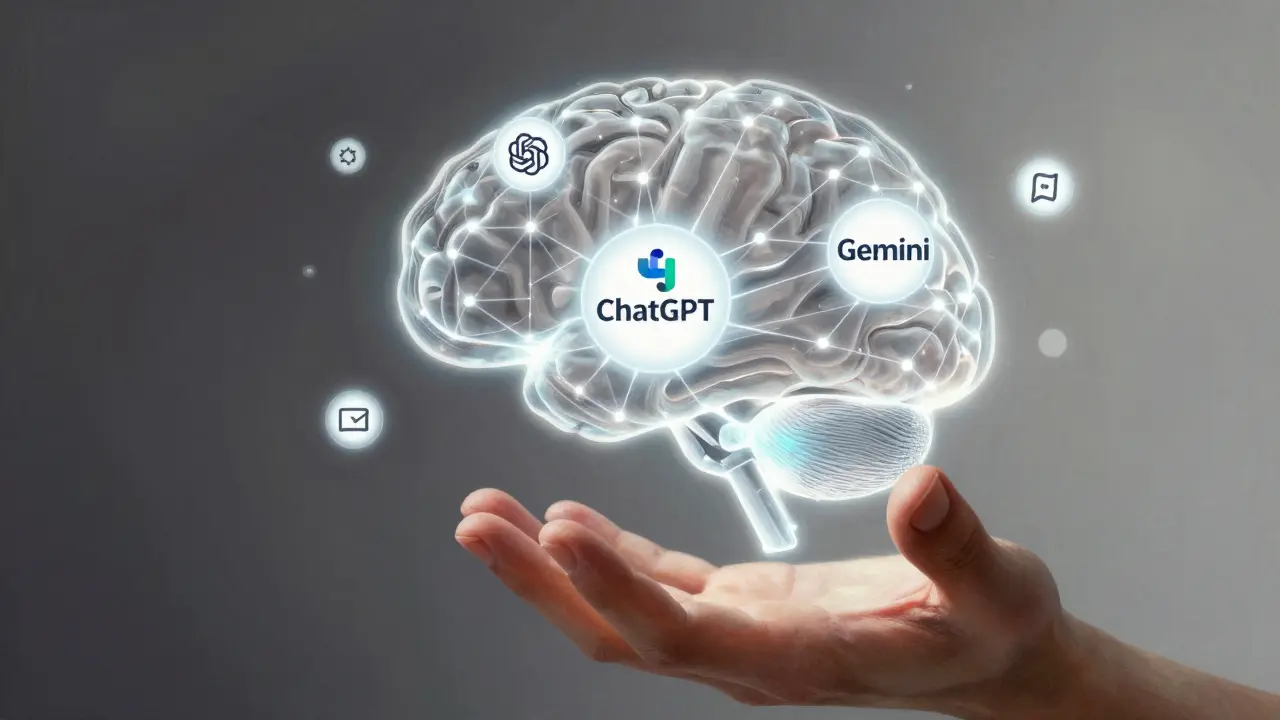Mão humana alcançando uma interface de IA em forma de cérebro, com ferramentas flutuando ao redor.